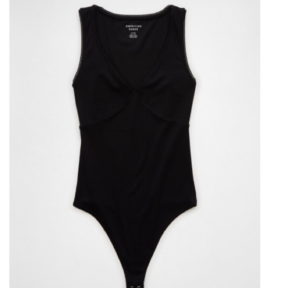 American Eagle Vneck Bodysuit Ribbed Black Lace Trim Size Small